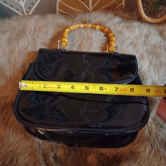 Vintage Bamboo Handle Patented Leather Black Vinyl Evening Handbag 8" - Picture 7 of 12